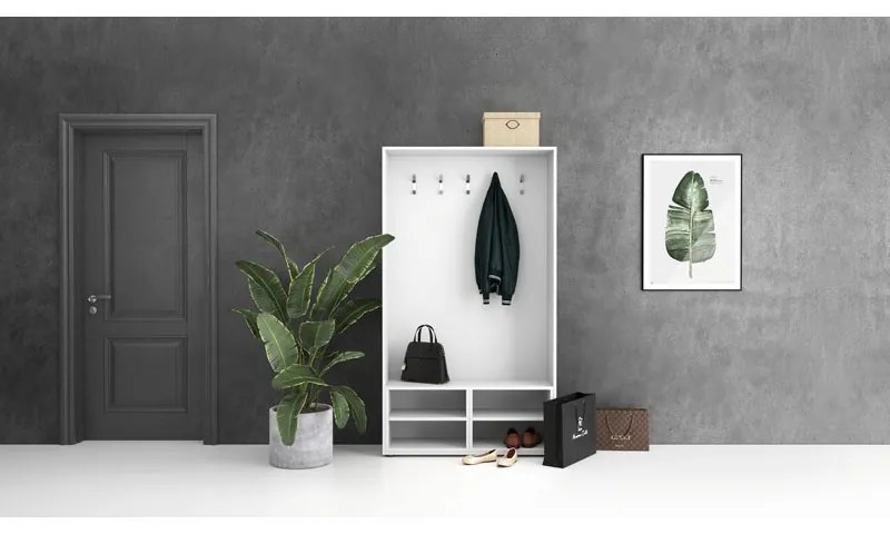 Wieszak ścienny BORDER z półką na buty, 5 haczyków, biała/naturalny dąb