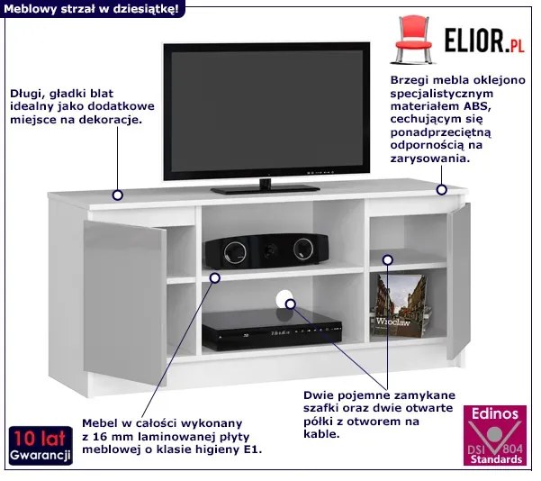 Szafka pod telewizor biała + metalik połysk - Darius 4X 120 cm