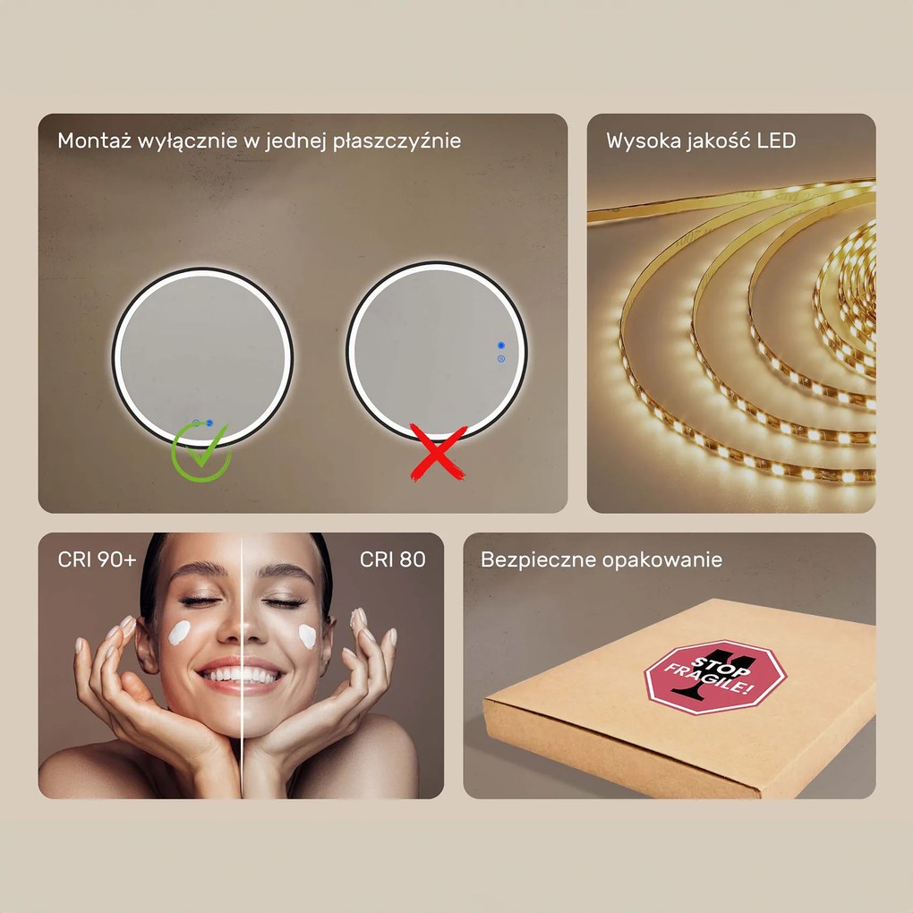 Okrągłe lustro podświetlane LED - 60/80 cm w srebrnej ramie aluminiowej