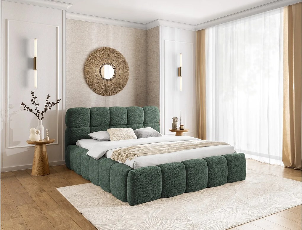 FURNISTAR Łóżko tapicerowane SOFIA 140x200 z pojemnikiem|Bubble|Łóżko dwuosobowe|Stelaż|Wygląd łóżka kontynentalnego|bez materaca-Butelkowa zieleń