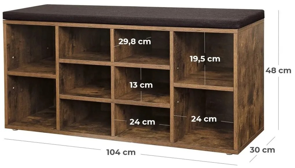 Szafka na buty z ławką TAYLOR 104x30x48 cm, brąz rustykalny