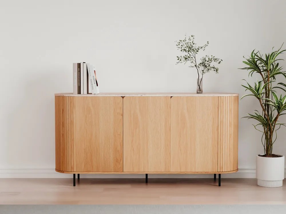 Owalna komoda do salonu ryflowana Fabia 160 cm, dąb/trawertyn