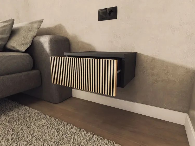 Wisząca szafka nocna z lamelami czarny + naturalny N9-W09