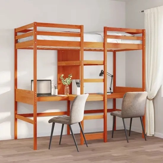 Brązowe łóżko piętrowe z biurkiem z drewna sosnowego 90x200 - Mirja 6X