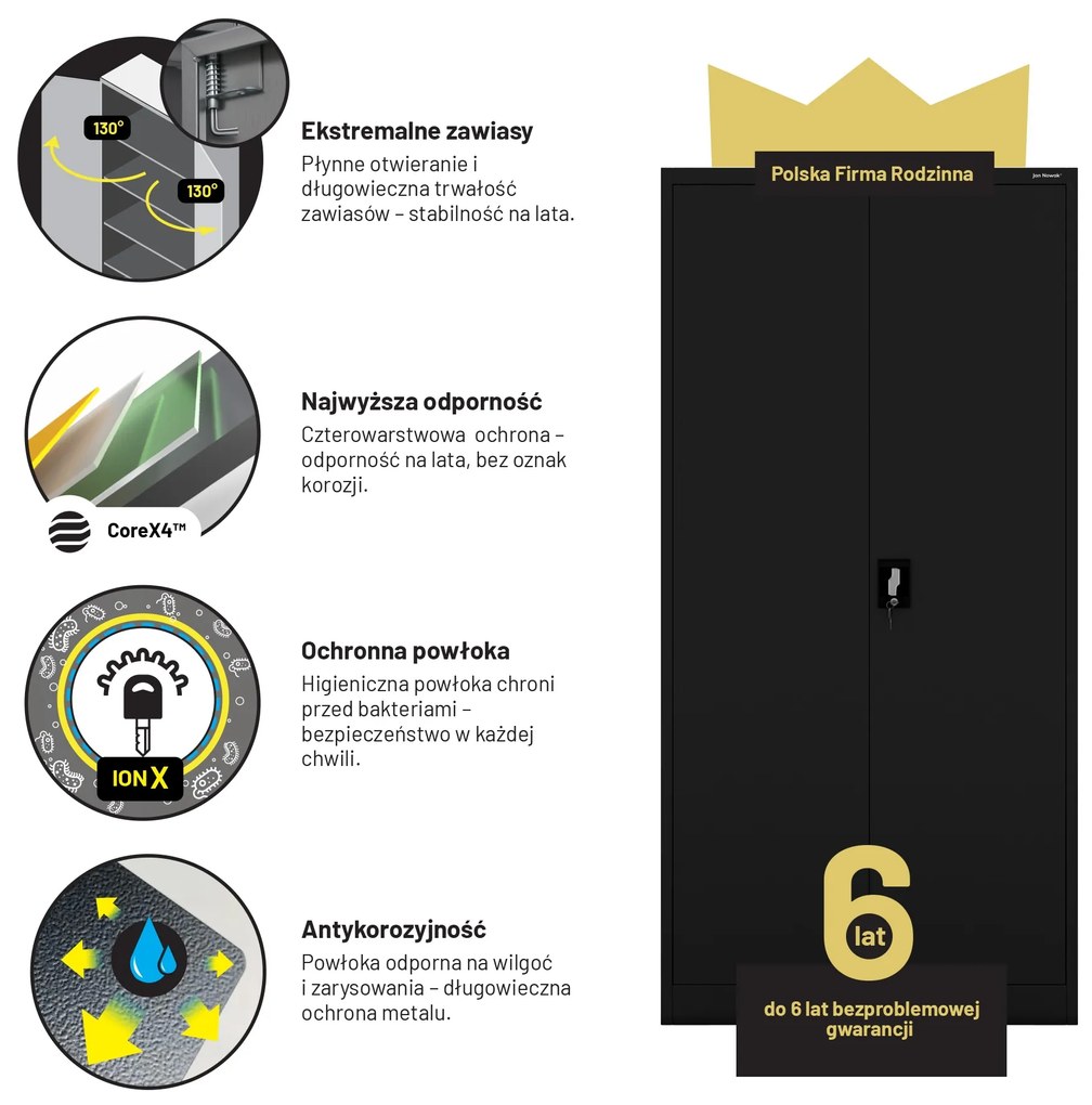Szafa na dokumenty biurowa metalowa czarna: JAN H, 900 x 1950 x 400 mm