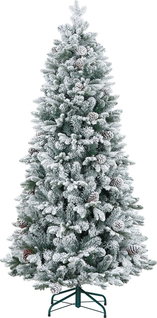 HOMCOM Sztuczna Choinka, z efektem śniegu i szyszkami, realistyczna, odporna na płomień, metalowa podstawa, 180 cm, Zielona | Aosom PL