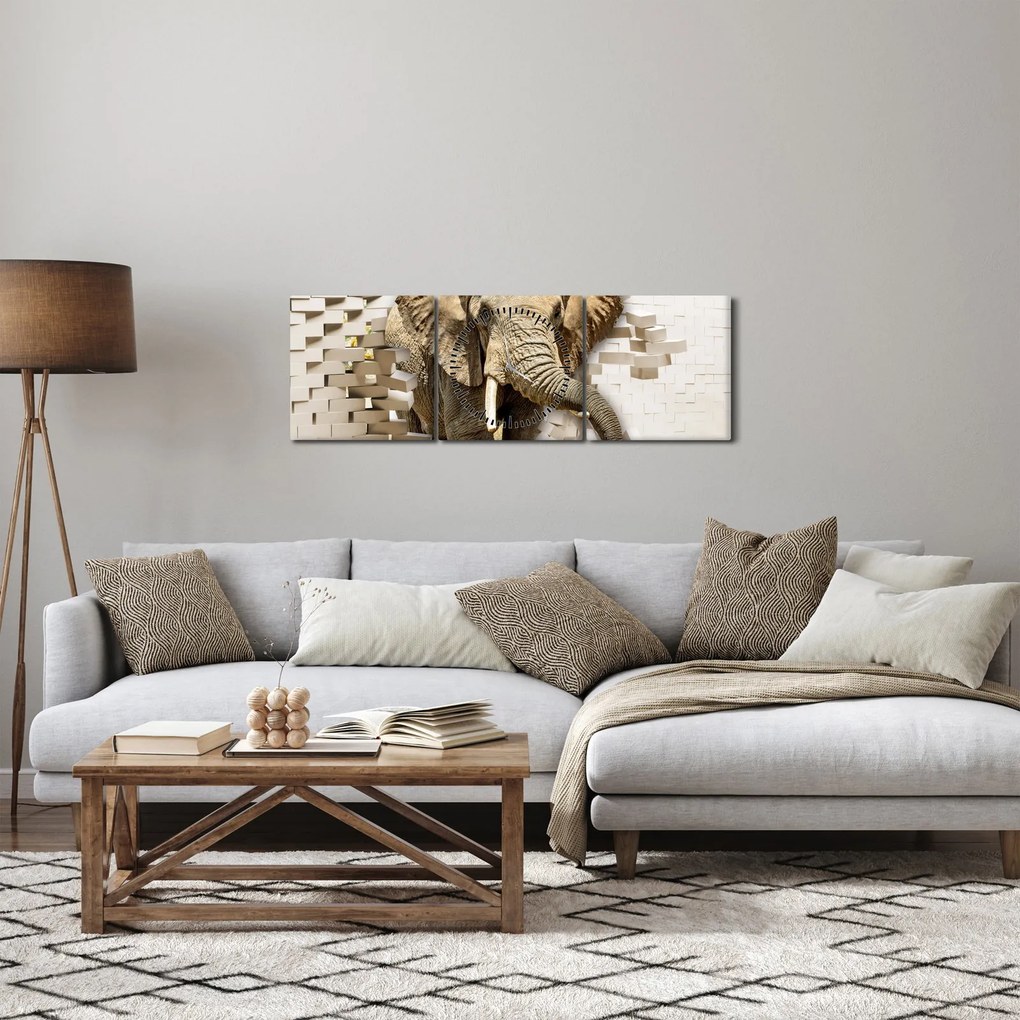 Obraz - słoń taranujący ścianę (z zegarem) (90x30 cm)
