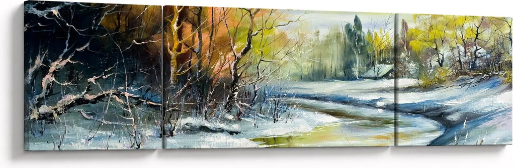Obraz zimowej rzeki, obraz olejny (170x50 cm)