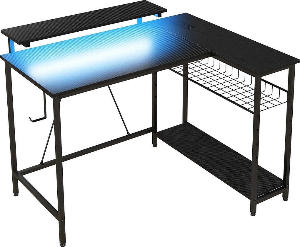 HOMCOM Biurko L-kształtne z LED, gniazdkami, USB, biurko komputerowe z półką, 107 x 80 x 90 cm, czarne | Aosom PL