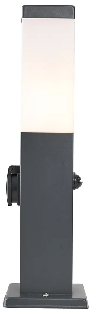 Zewnetrzna Lampa zewnętrzna ciemnoszara ze szkłem opalowym 45 cm IP44 z gniazdem i czujnikiem ruchu - Malios Nowoczesny Oswietlenie zewnetrzne