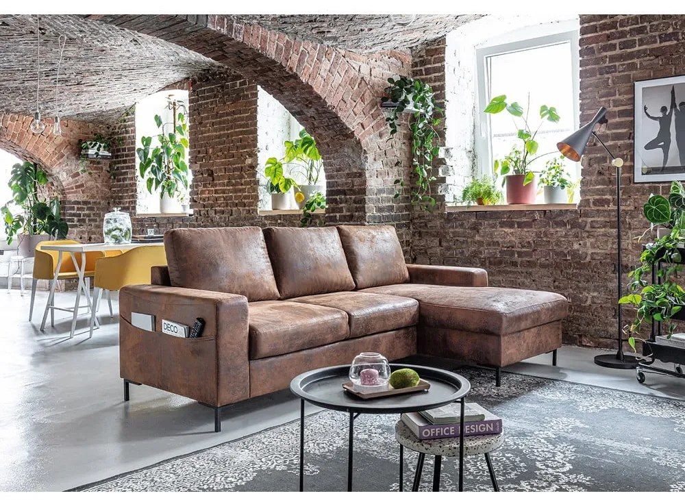 Brązowy narożnik rozkładany z imitacji skóry Miuform Lofty Lilly Vintage, prawostronny
