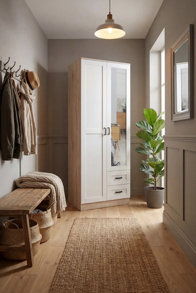 Minimalsityczna szafa uchylna z lustrem dąb sonoma + biały H6-W95