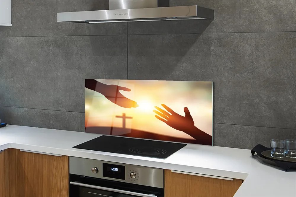 Szkło do Kuchni na Ścianę Modlitewne Ręce pod Krzyżem