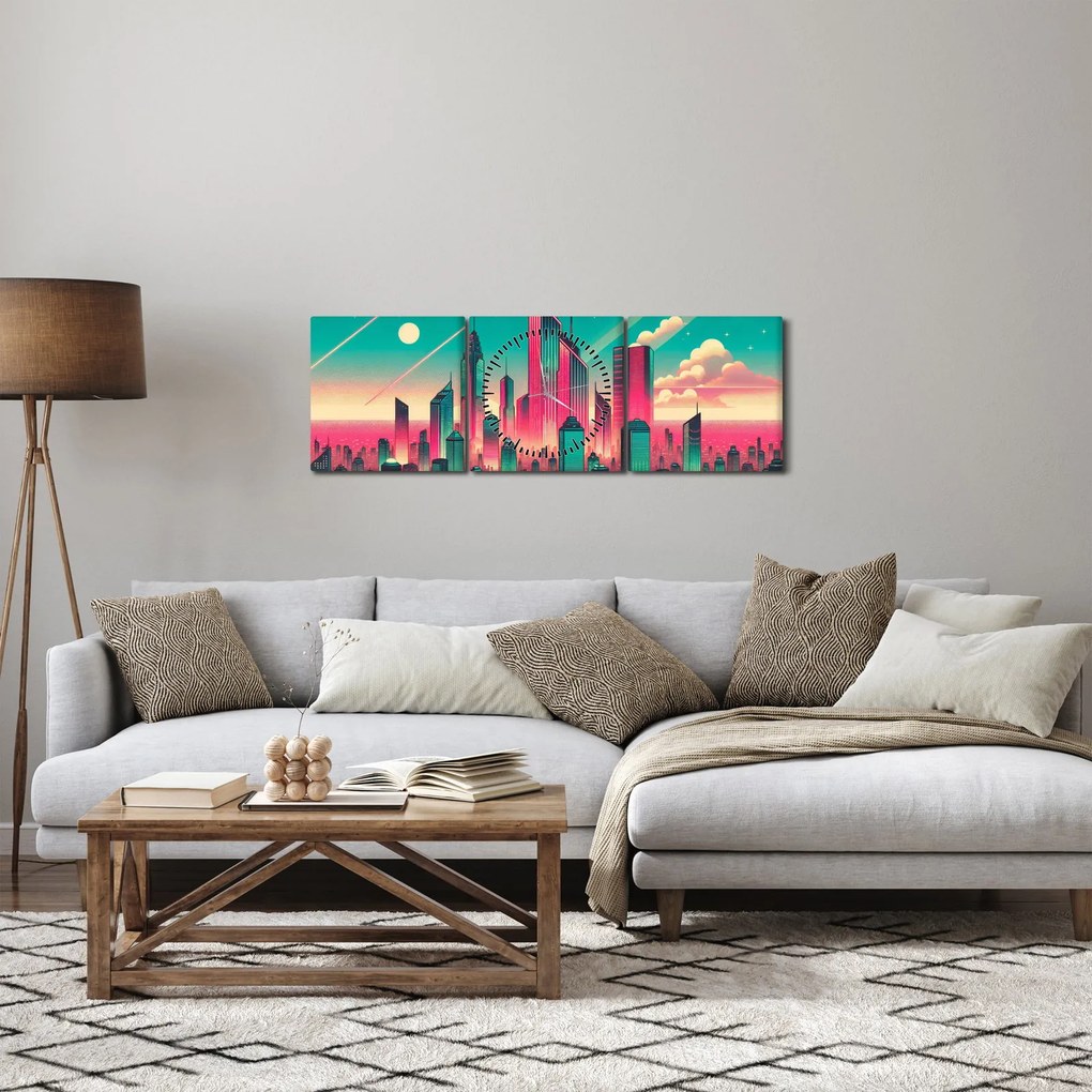 Obraz – Metropolia w stylu pop-art (z zegarem) (90x30 cm)