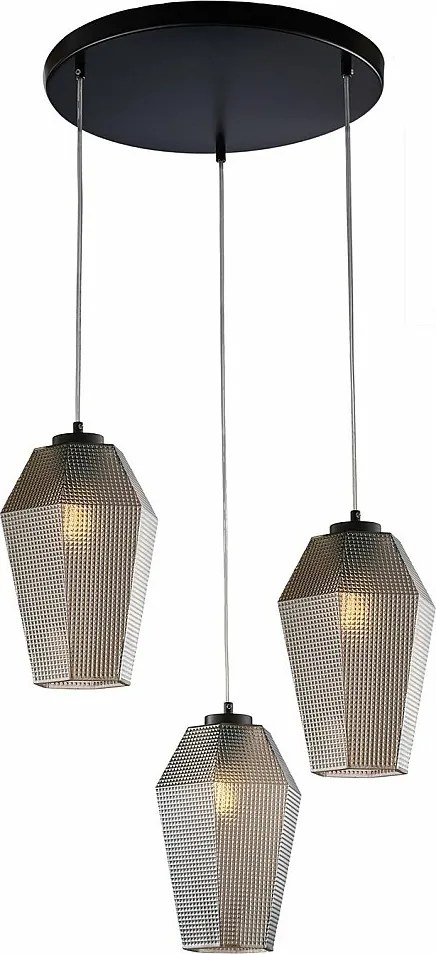 Lampa wisząca Prisma z czarnego lakierowanego żelaza, regulowane kable, klosze z lustrzanego szarego szkła dmuchanego z tłoczonym wzorem, 3 światła