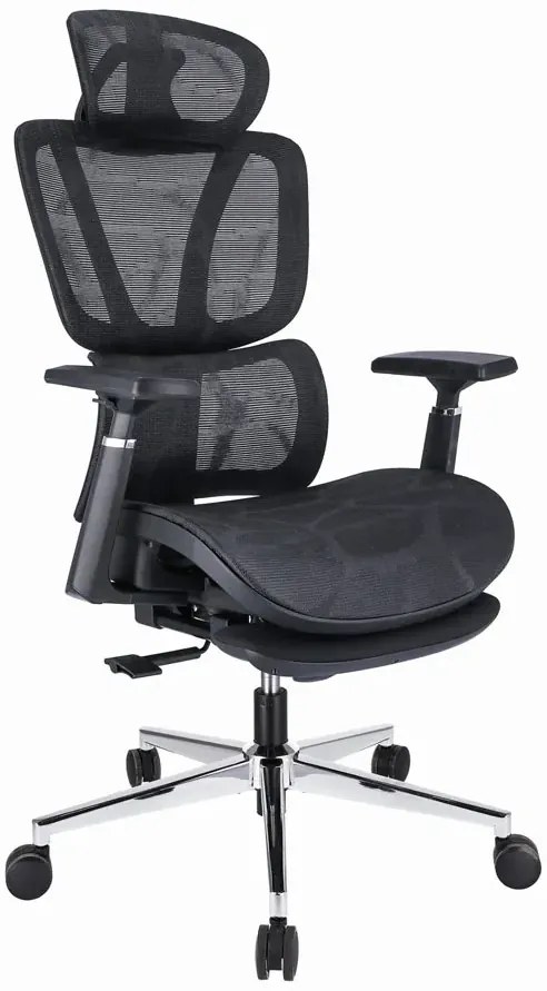 Czarny ergonomiczny fotel obrotowy z zagłówkiem i podnóżkiem - Floris 4X