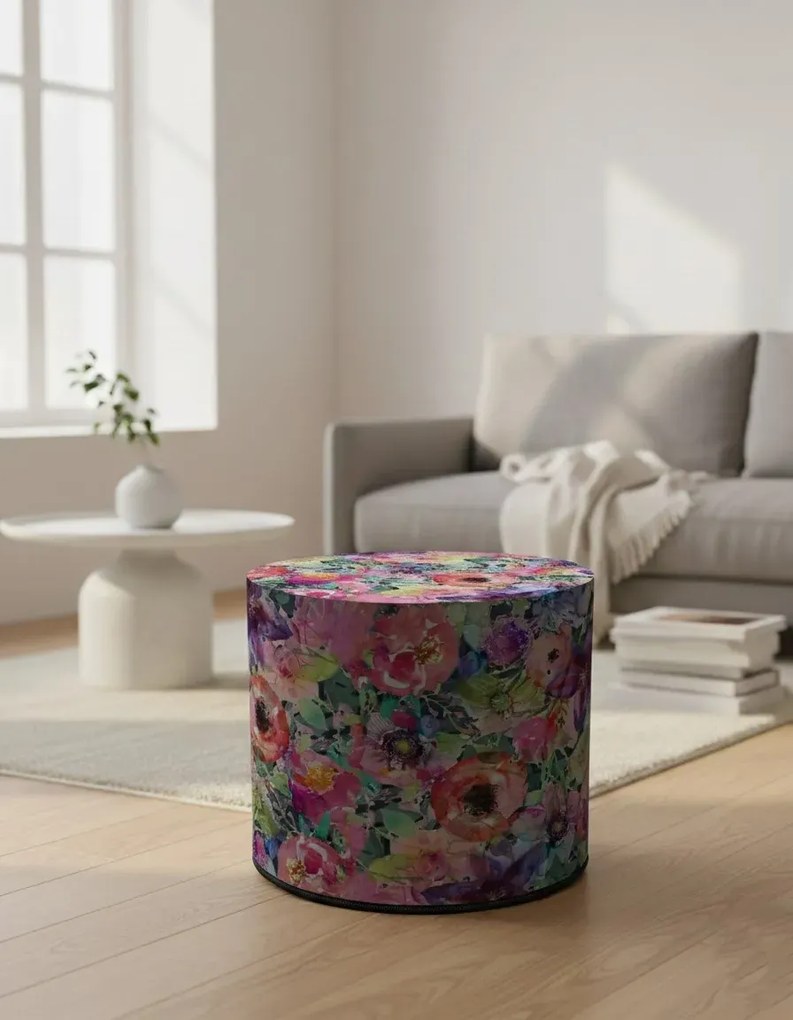 Okrągła tapicerowana wielobarwna pufa w kwiaty H0-F84