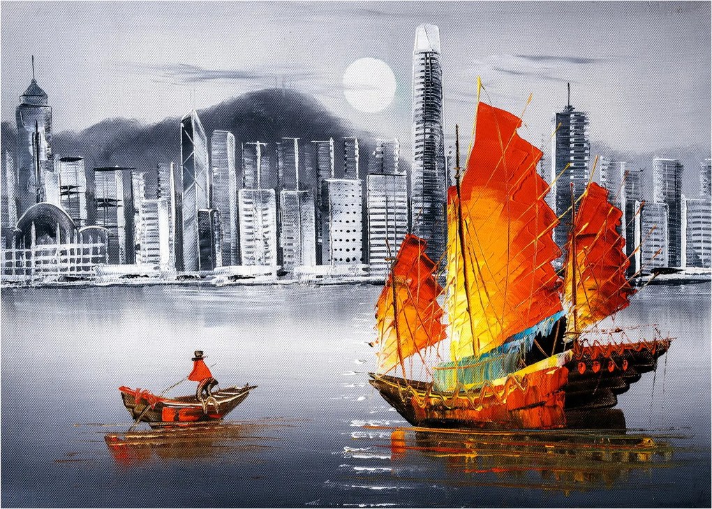 Obraz na szkle - Victoria Harbor, Hongkong, czarno-biały obraz olejny (70x50 cm)