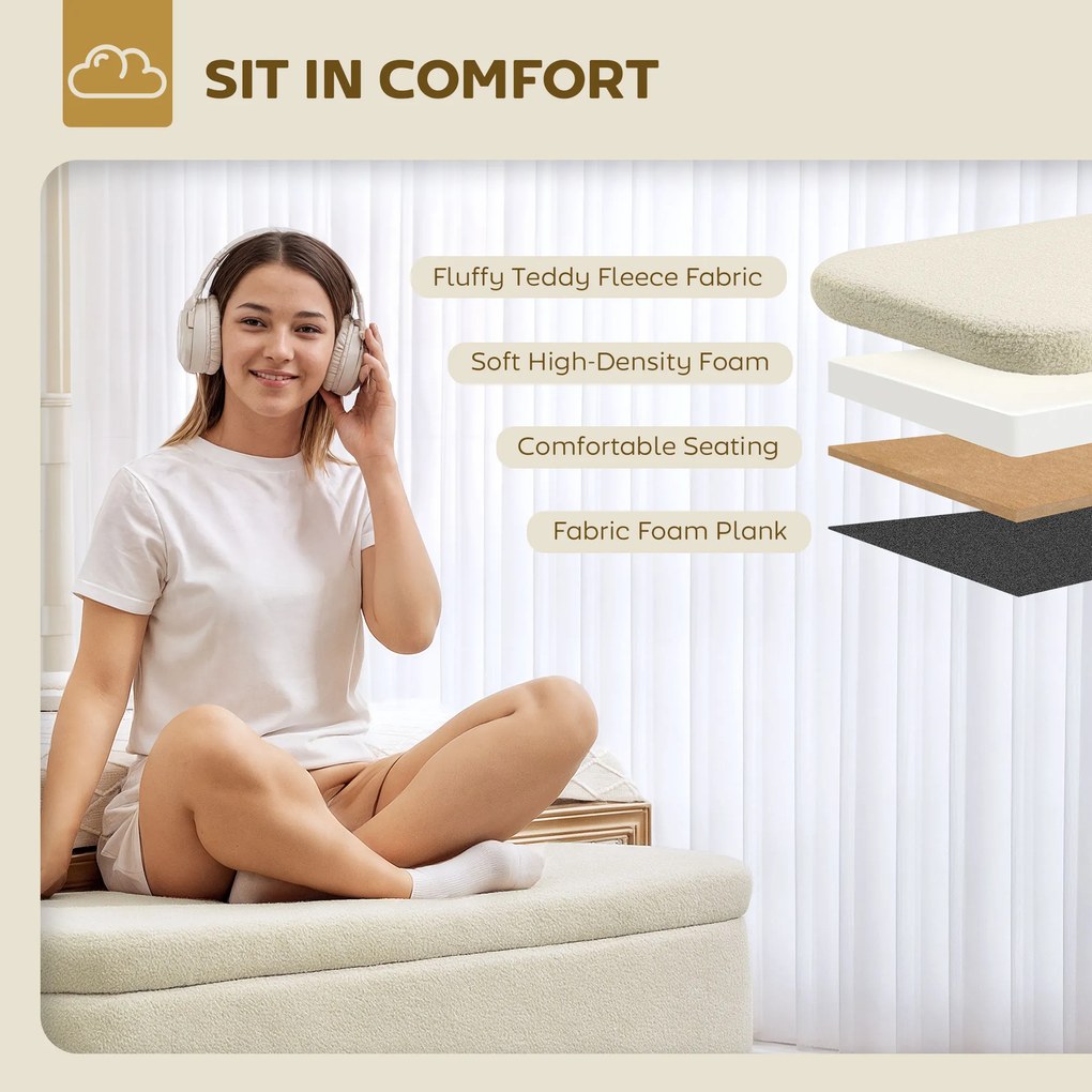 HOMCOM Ławka z miejscem do przechowywania, 65 L, materiał Teddy-Fleece, drewno kauczukowe, 120 x 42 x 45 cm, Beżowy | Aosom PL