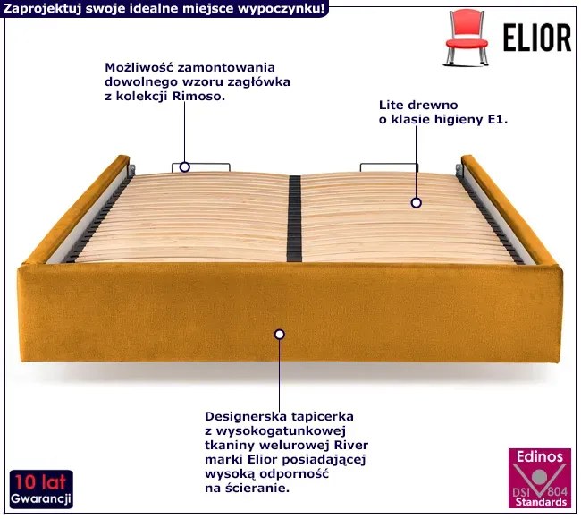 Musztardowy korpus łóżka tapicerowanego welurem R6-P67