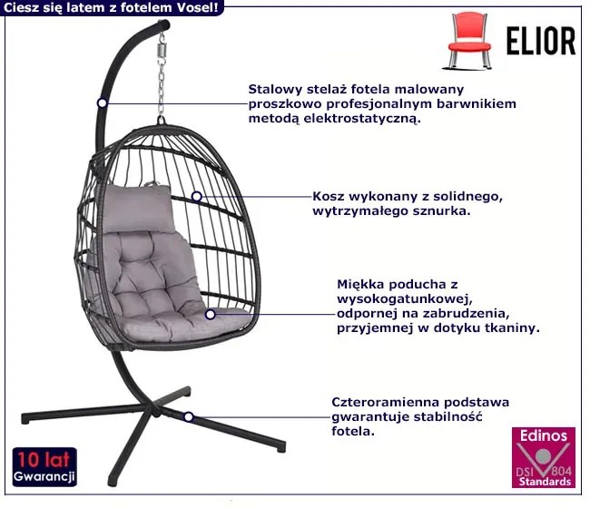 Szary podwieszany fotel ogrodowy - Vosel