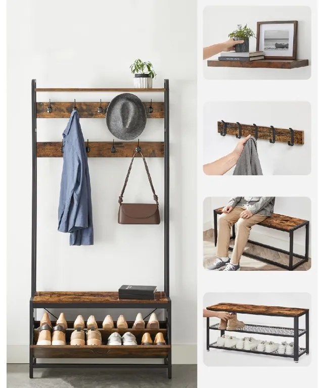 Panel do przedpokoju TAYLOR z szafką na buty 180x85 cm, rustykalny brązowy