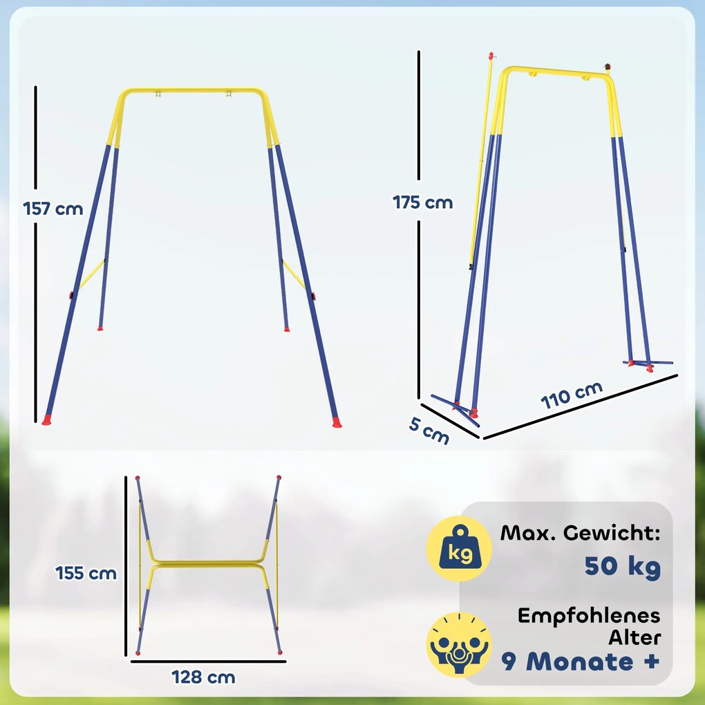 AIYAPLAY Składany stojak na huśtawkę, z ramą w kształcie litery A, 2 haki, 4 kotwy gruntowe, dla dzieci od 9 miesięcy do 8 lat, 128x155x157 cm, niebieski | Aosom PL