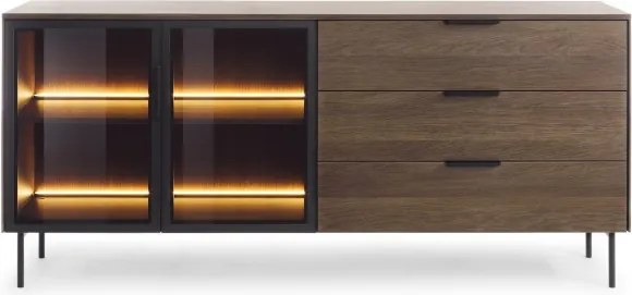 Komoda MILU 181 2D3S – Nowoczesna z Oświetleniem LED i Szkłem Flutes Ornamentowe, Push To Open DAB DUNIN 182x83x40 cm
