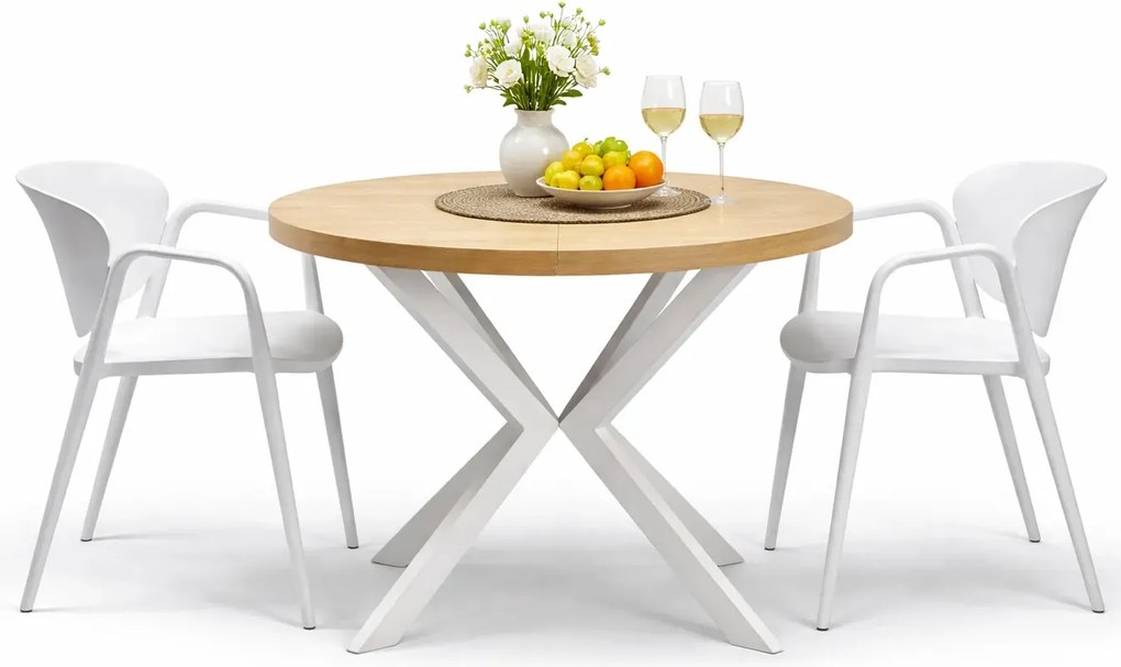 Okrągły rozkładany stół z krzesłami dąb złoty + biały H3-P73