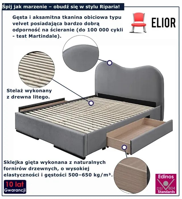 Łóżko szare tapicerowane z szufladami H0-B47