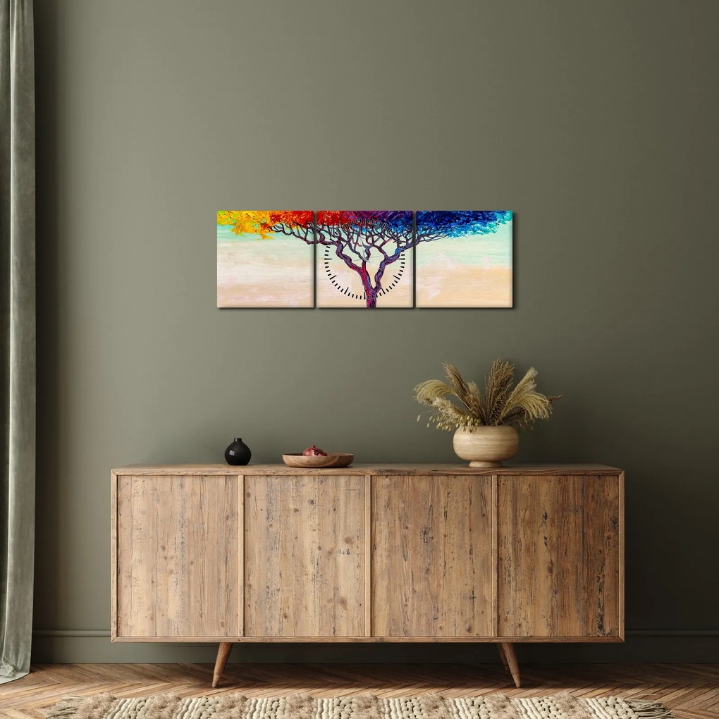 Obraz malowanego drzewa (z zegarem) (90x30 cm)