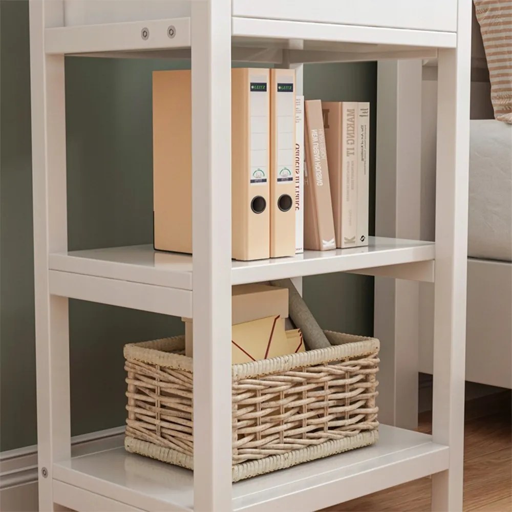 Biała szafka nocna z szufladą i 2 półkami – styl loftowy, MDF, 45x68x30 cm