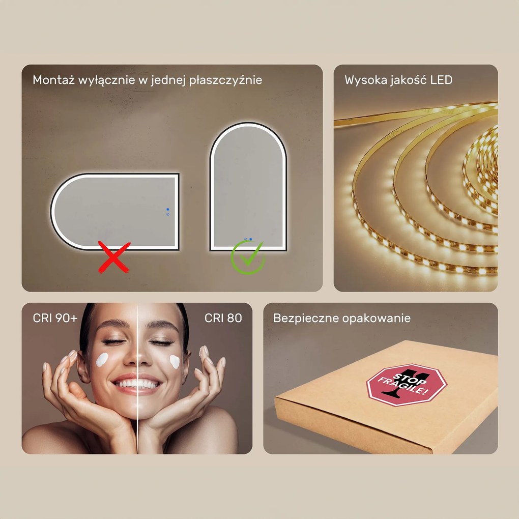 Nieregularne lustro podświetlane LED – 60x90/70x100 cm w srebrnej aluminiowej ramie