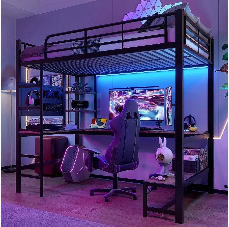 Łóżko piętrowe 140 x 200 cm - Łóżko dwuosobowe z biurkiem i oświetleniem LED - czarne - materac nie jest wliczony w cenę