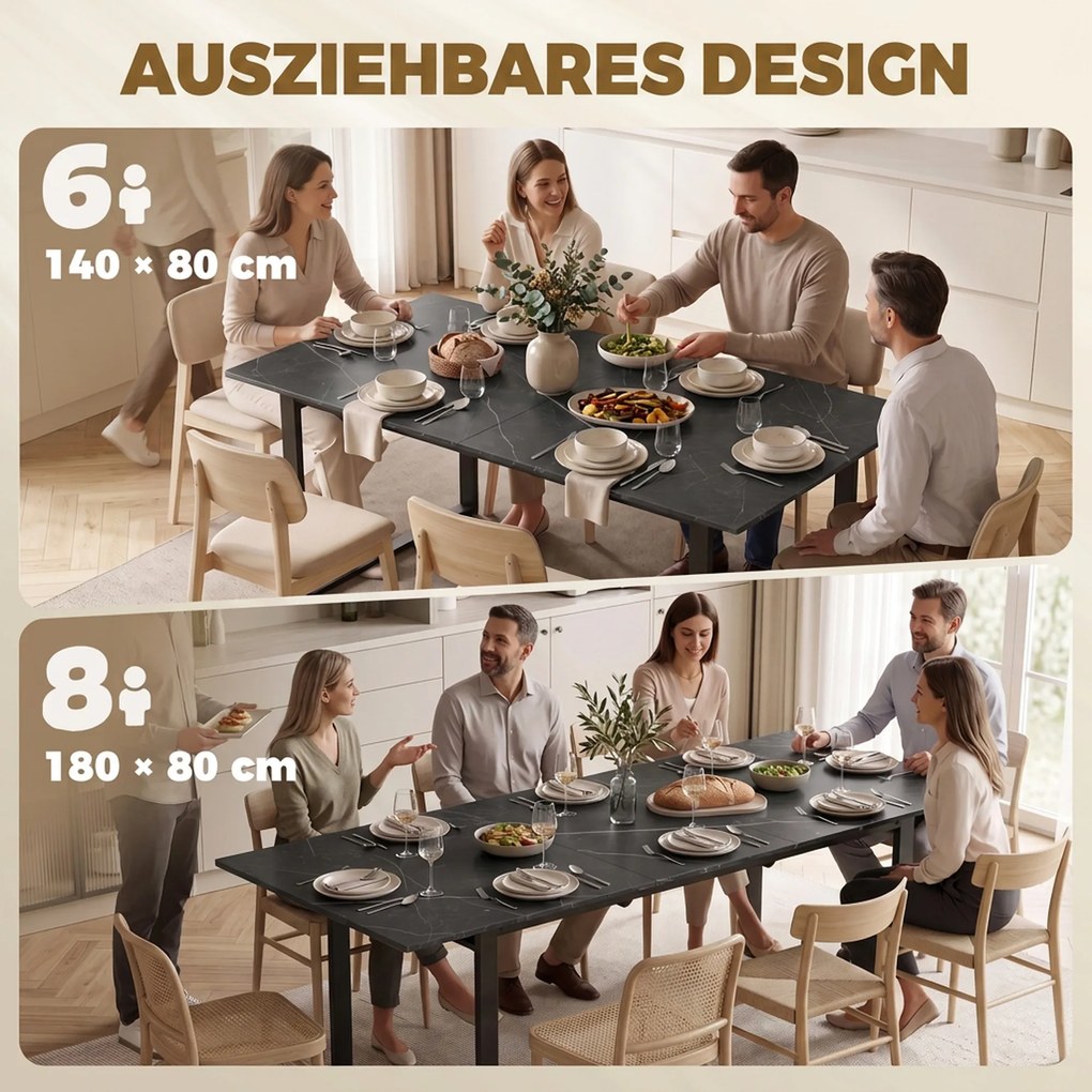 HOMCOM Rozkładany stół jadalniany 140-180 cm dla 6-8 osób, prostokątny w stylu industrialnym ze stalowym stelażem, czarny | Aosom PL