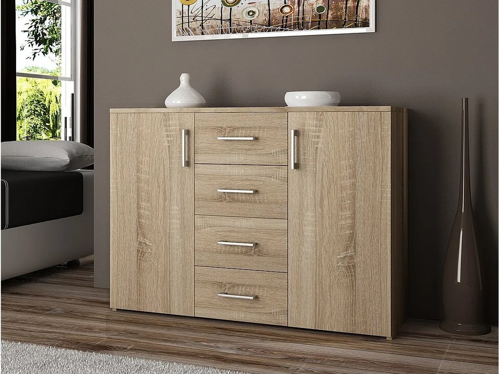 Komoda AKORD K45 Dąb Sonoma 110 cm 2 drzwi 4 szuflady kolor Dąb Sonoma mat 4 półki 110x35x80 cm