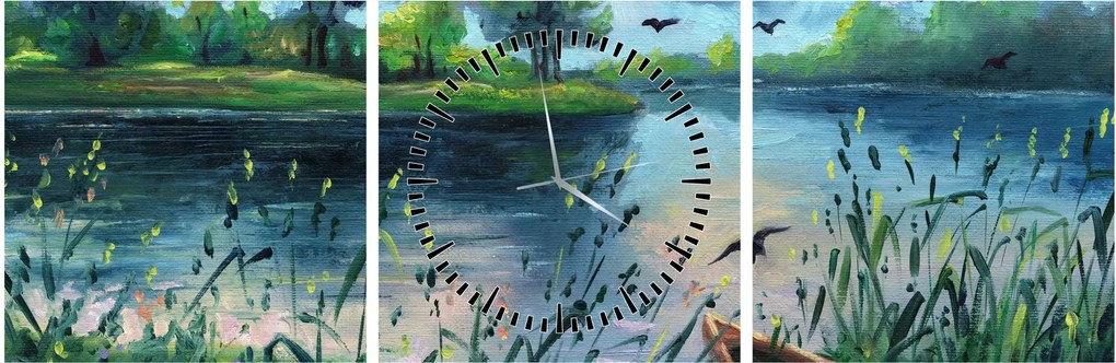 Obraz - Obraz olejny, Wczesny letni wieczór nad jeziorem (z zegarem) (90x30 cm)