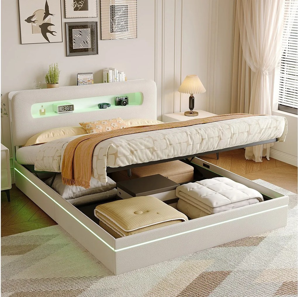 Łóżko 140x200 cm z beżowego aksamitu ze zintegrowanymi diodami LED, zagłówkiem z miejscem do przechowywania i systemem hydraulicznym