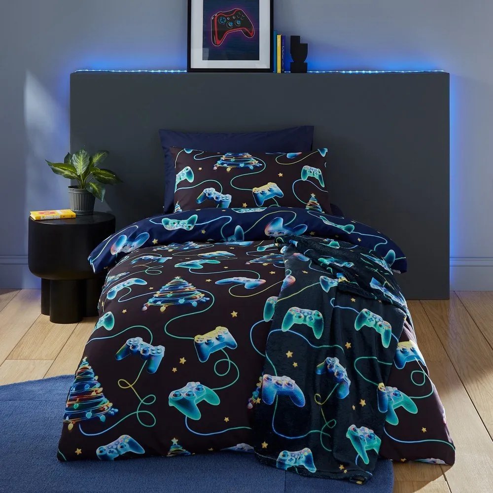 Czarno-niebieska pościel dwuosobowa 200x200 cm Christmas Gamer – Catherine Lansfield