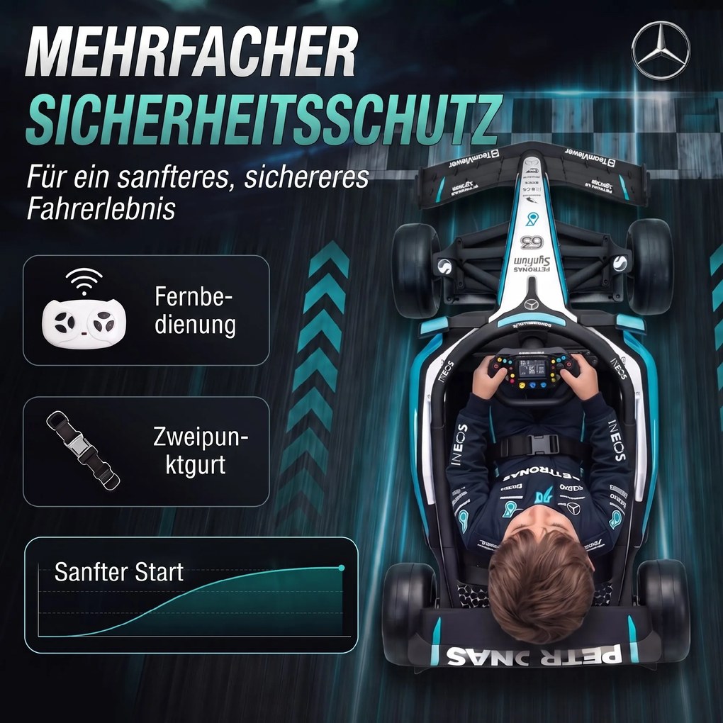 AIYAPLAY Mercedes-AMG PETRONAS F1 12 V Elektryczny gokart dla dzieci z akumulatorem litowym, 2 silniki, miękki start | Aosom PL