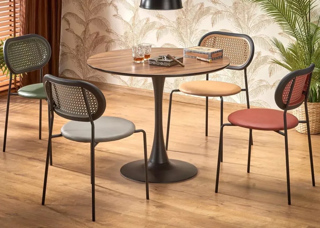 Stół Kinzly 90 cm – elegancki okrągły stół z orzechowym blatem z MDF i czarną metalową nogą do kuchni