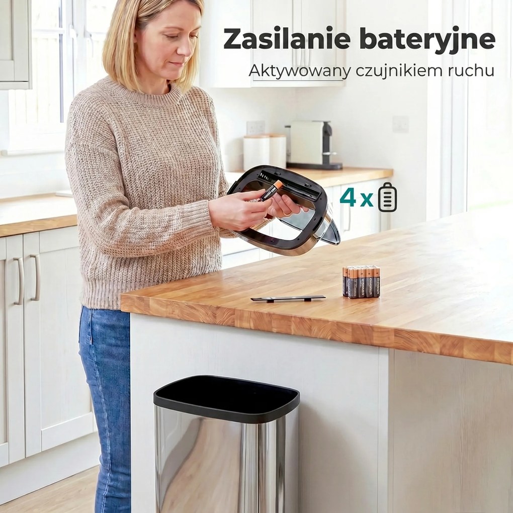 HOMCOM Kosz na śmieci z czujnikiem ruchu 50 L, automatyczny kosz ze stali nierdzewnej do kuchni, srebrny | Aosom PL