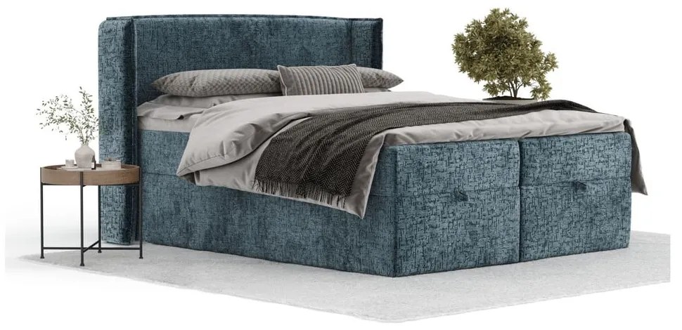 Niebieskie łóżko boxspring ze schowkiem 180x200 cm Passion – Maison de Rêve