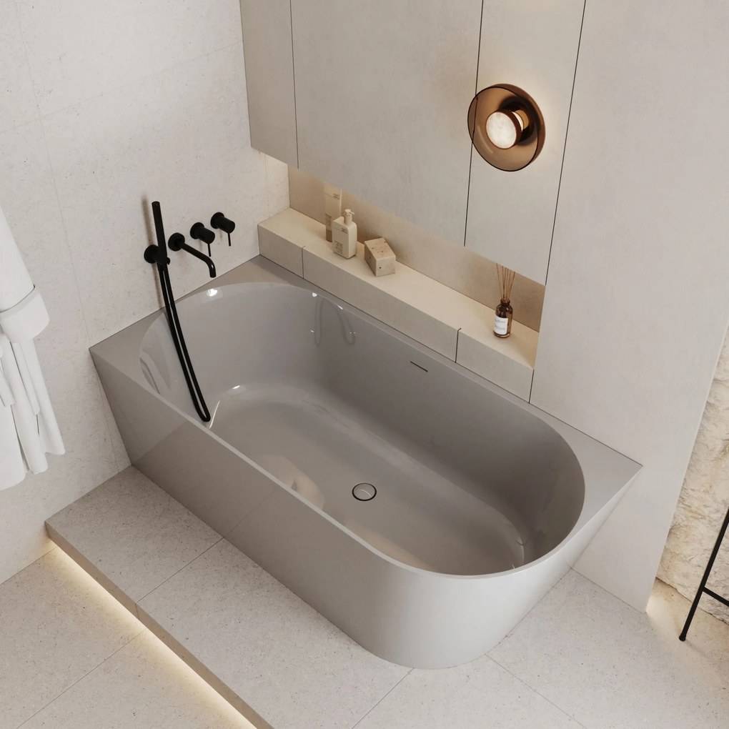 Wanna wolnostojąca narożna WALL White Glow / Matt lewa z konglomeratu biała błyszcząca/matowa 160 x 75 cm z przelewem typu SLIM : Kolor wanny - Szary połysk