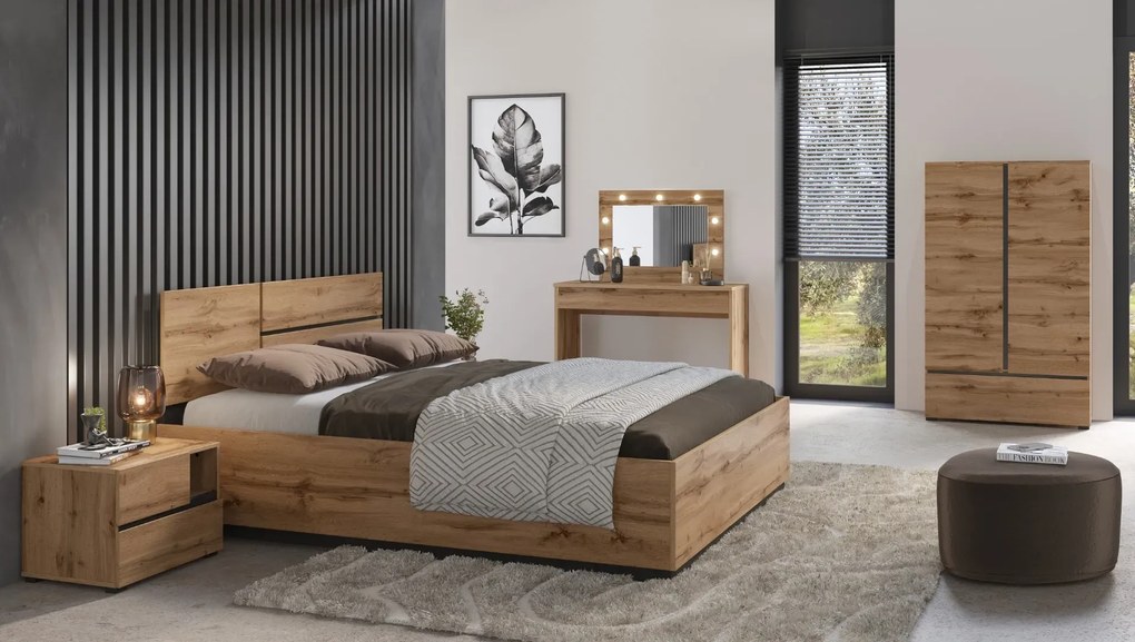 Łóżko CROSS 160x200 dąb wotan/czarne z pojemnikiem HELVETIA