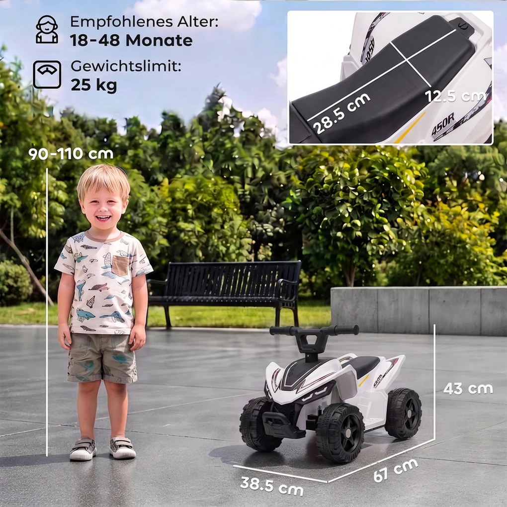 AIYAPLAY Elektryczny quad dziecięcy 6V z akumulatorem litowym, funkcja jazdy do przodu, sterowanie przyciskiem na kierownicy 1,5–2 lata Biały | Aosom PL