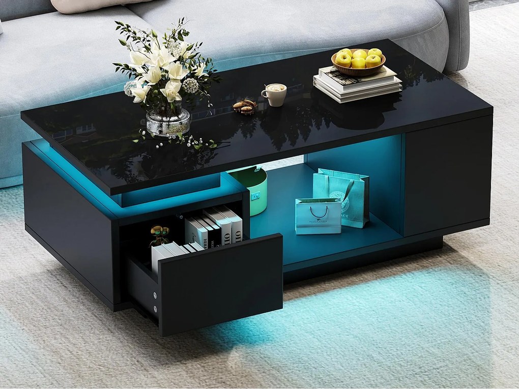 Lakierowany błyszczący stolik kawowy 100x50x36 cm - z oświetleniem LED - z 1 szufladą - z 4 przegródkami do przechowywania - Czarny