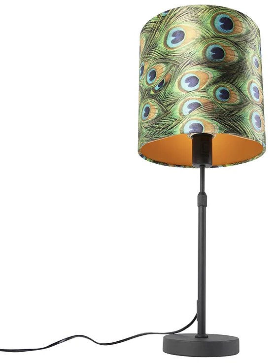 Lampa stołowa czarna z abażurem z aksamitu w kolorze pawia ze złotem 25 cm - Parte klasyczny/Antyczny Oswietlenie wewnetrzne