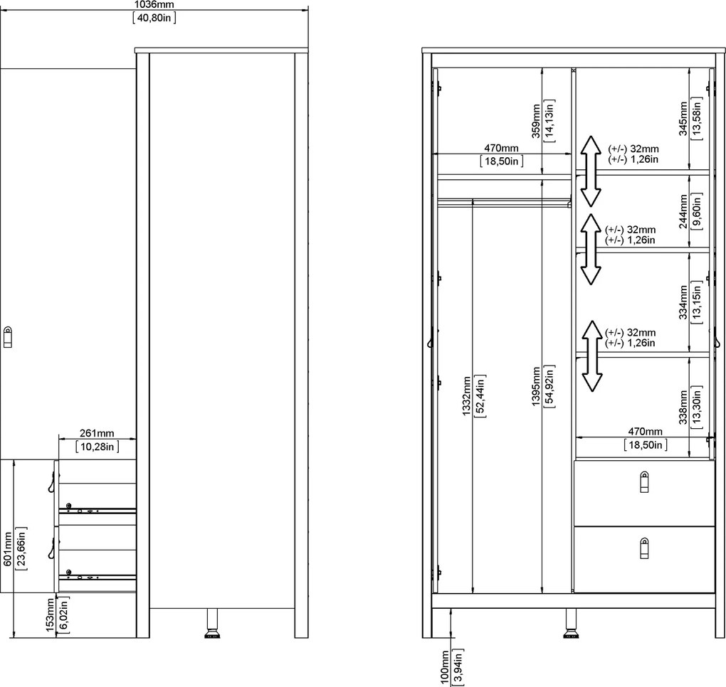 Dwudrzwiowa szafa z lustrem i szufladami Madrid, biały mat