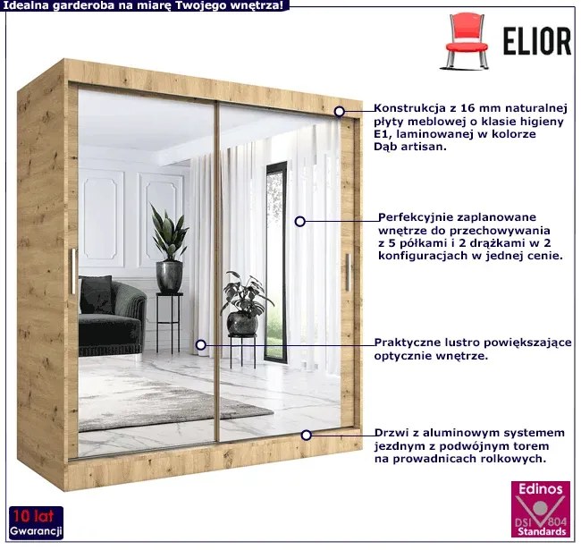 Szafa przesuwna z lustrem 180 cm dąb artisan - Kukkin 5X